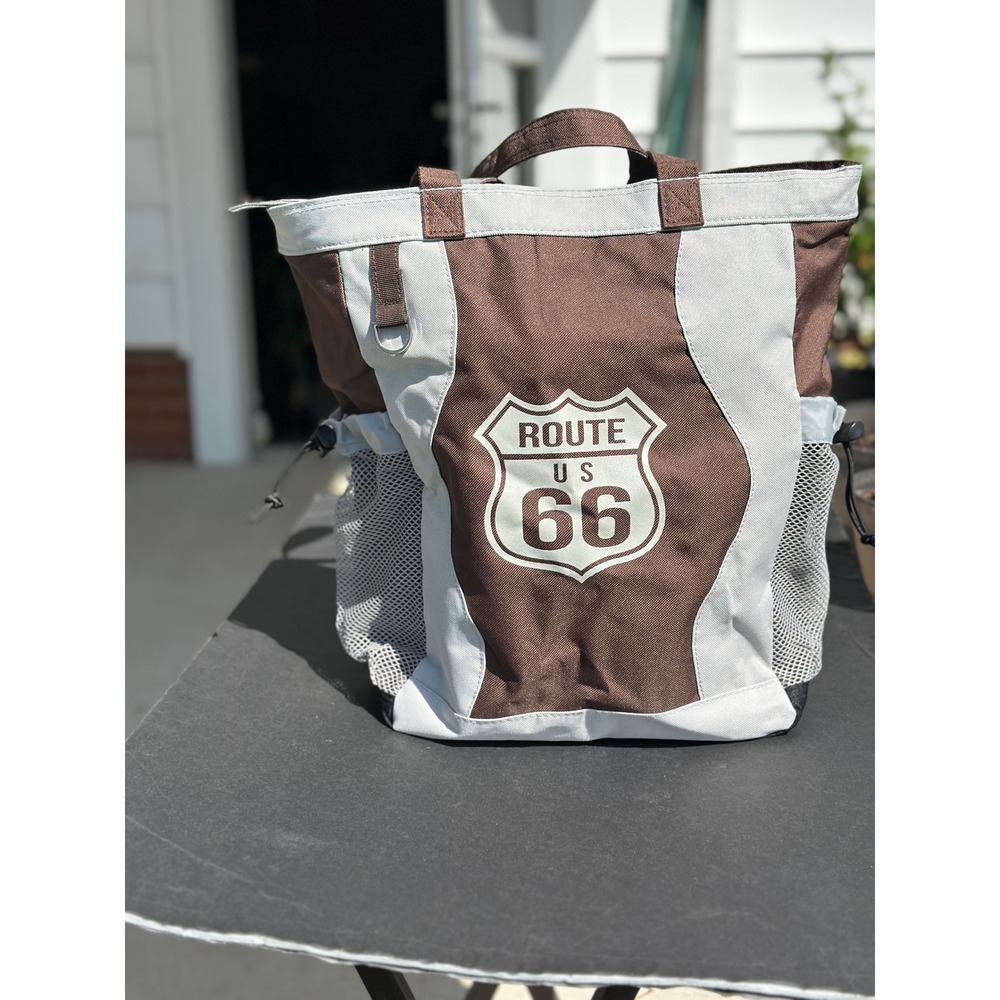 Route 66 Canvas Tote Bag Brown Grey Zippered Travel Shoulder Bag Mesh Pockets